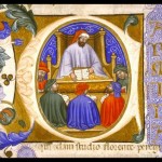 wikipediaから。『哲学の慰め』14世紀のイタリアの写本から、講義するボエティウスの図。